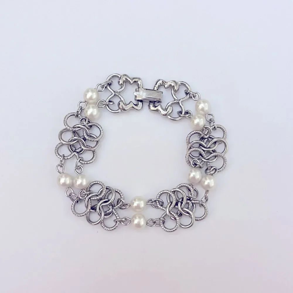 Vintage Goldette Silver Chain Link Pearl Bracelet